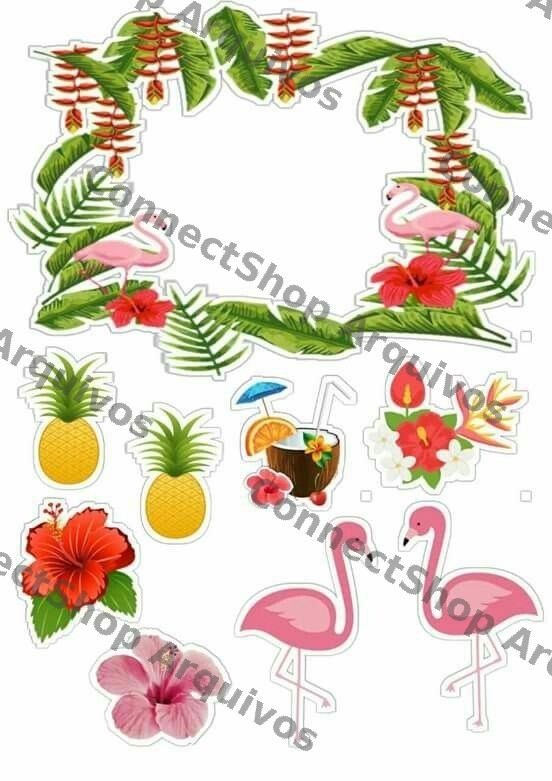 Cartela de Adesivos - Tropical Flamingos e Folhagem